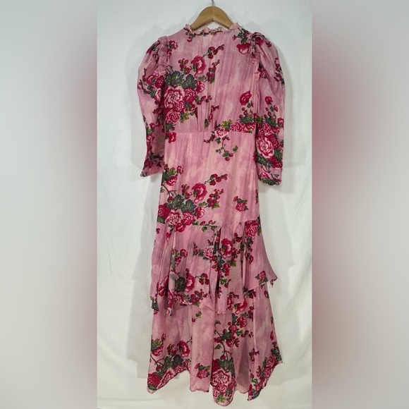 LoveShackFancy Salima Midi Dress Pink Tiered Asymmetrical Size 4 Ruffle Flowers - Picture 3 of 10
